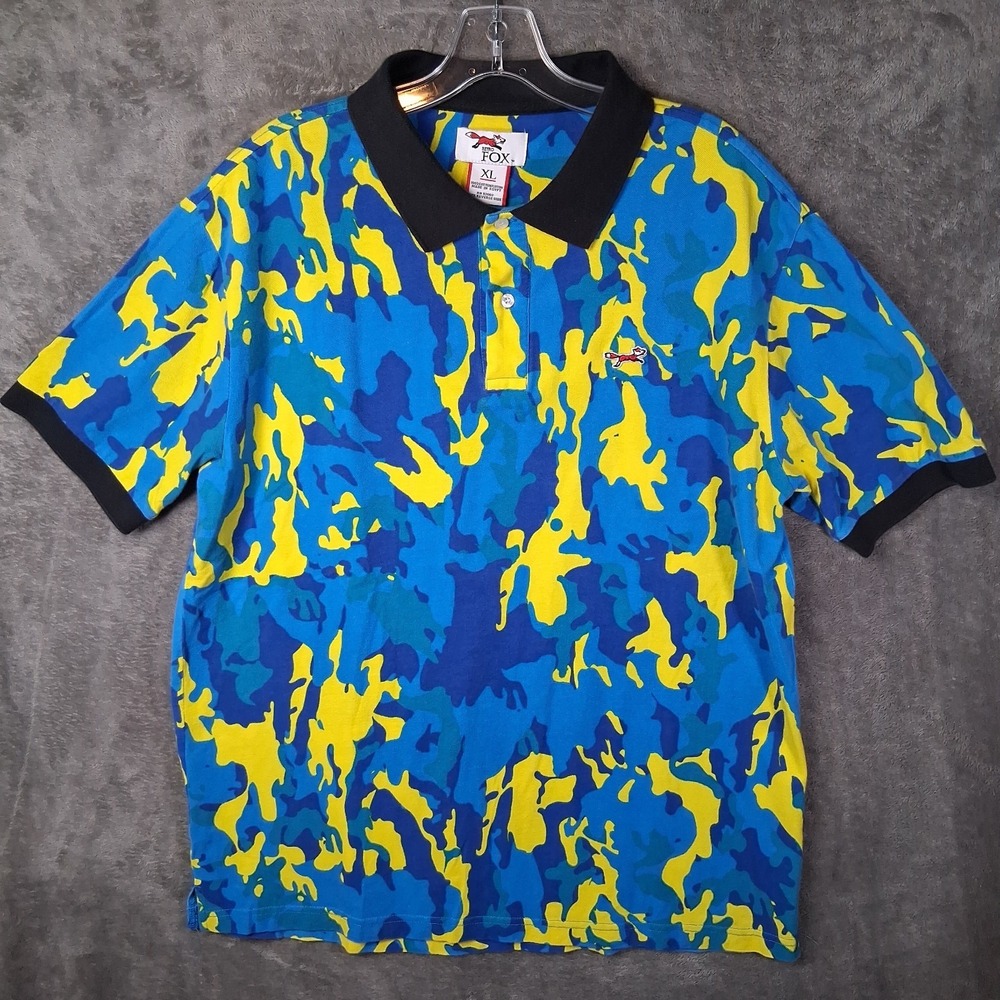Retro Fox Polo Shirt Men Size XL Blue Camouflage Golf Short Sleeve Casual
